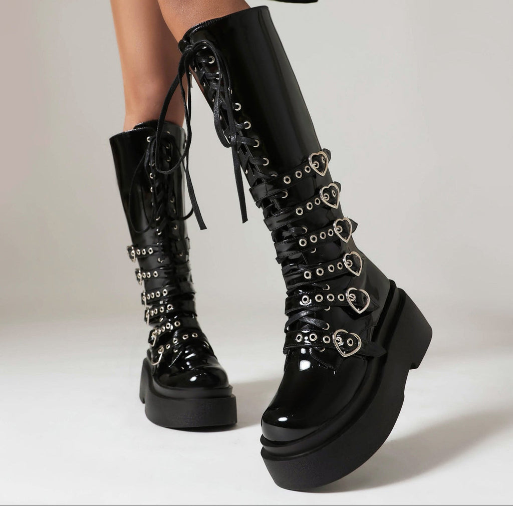 Women's Chunky-Soled Punk Over-the-Knee Boots with Cross-Tie Straps | Side Zipper | Sizes 34–44
