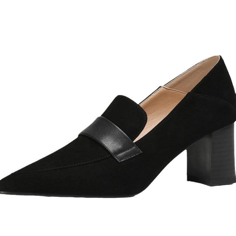 Women's Pointed-Toe Chunky Heel Loafers | Suede Slip-On Work Heels