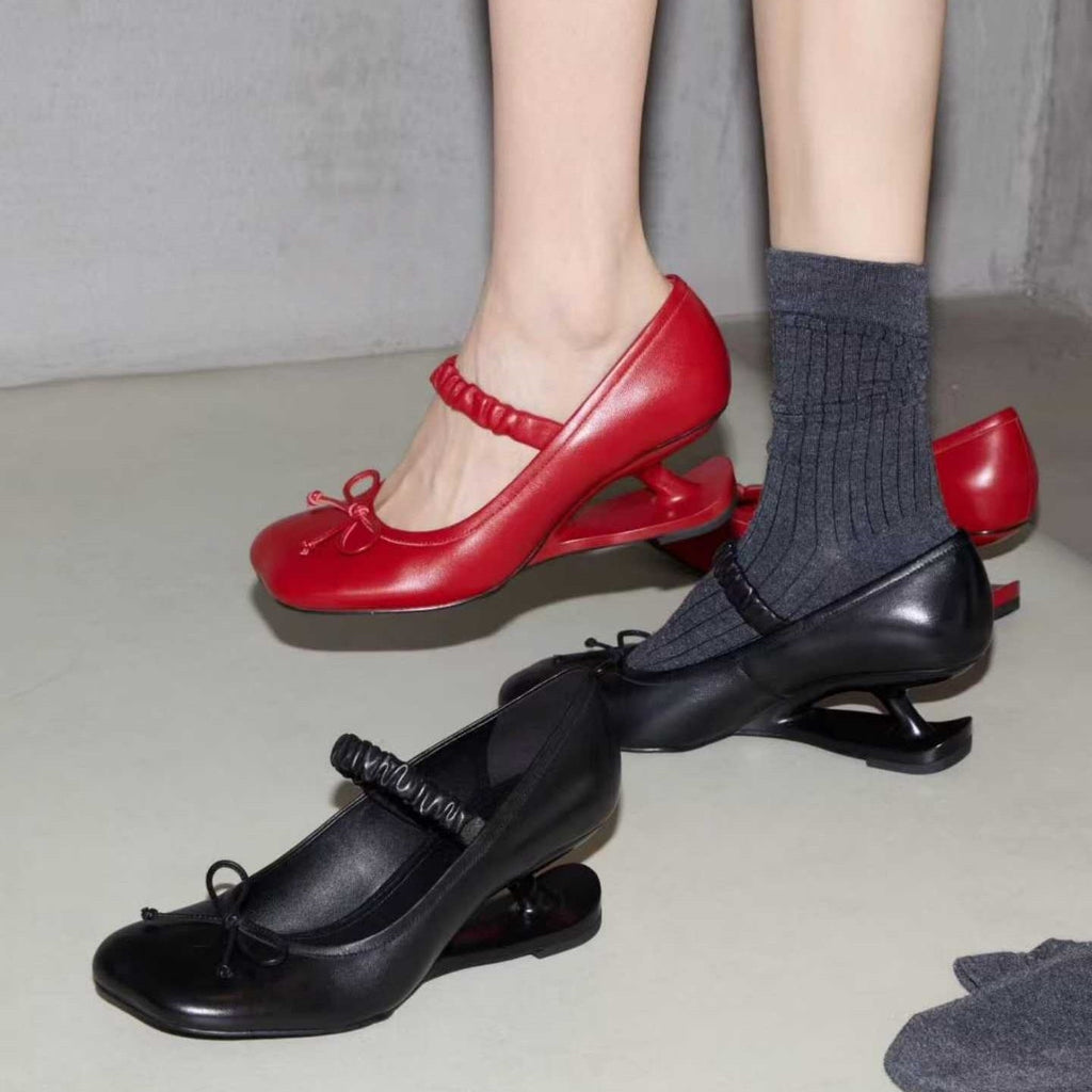 Women's Square Heel Leather Pumps with Bow Accent - Genuine Leather Mid Heel Shoes