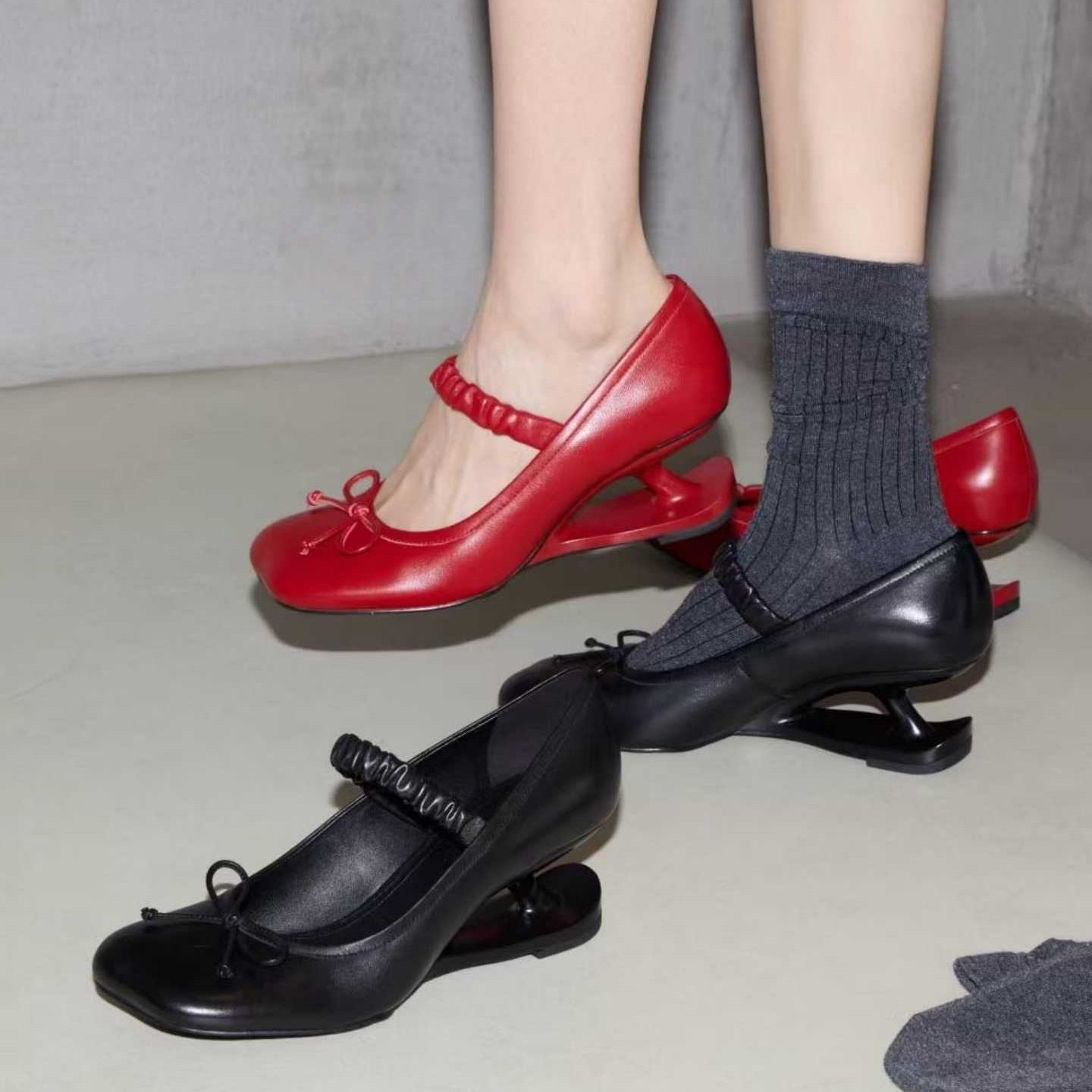 Women's Square Heel Leather Pumps with Bow Accent - Genuine Leather Mid Heel Shoes