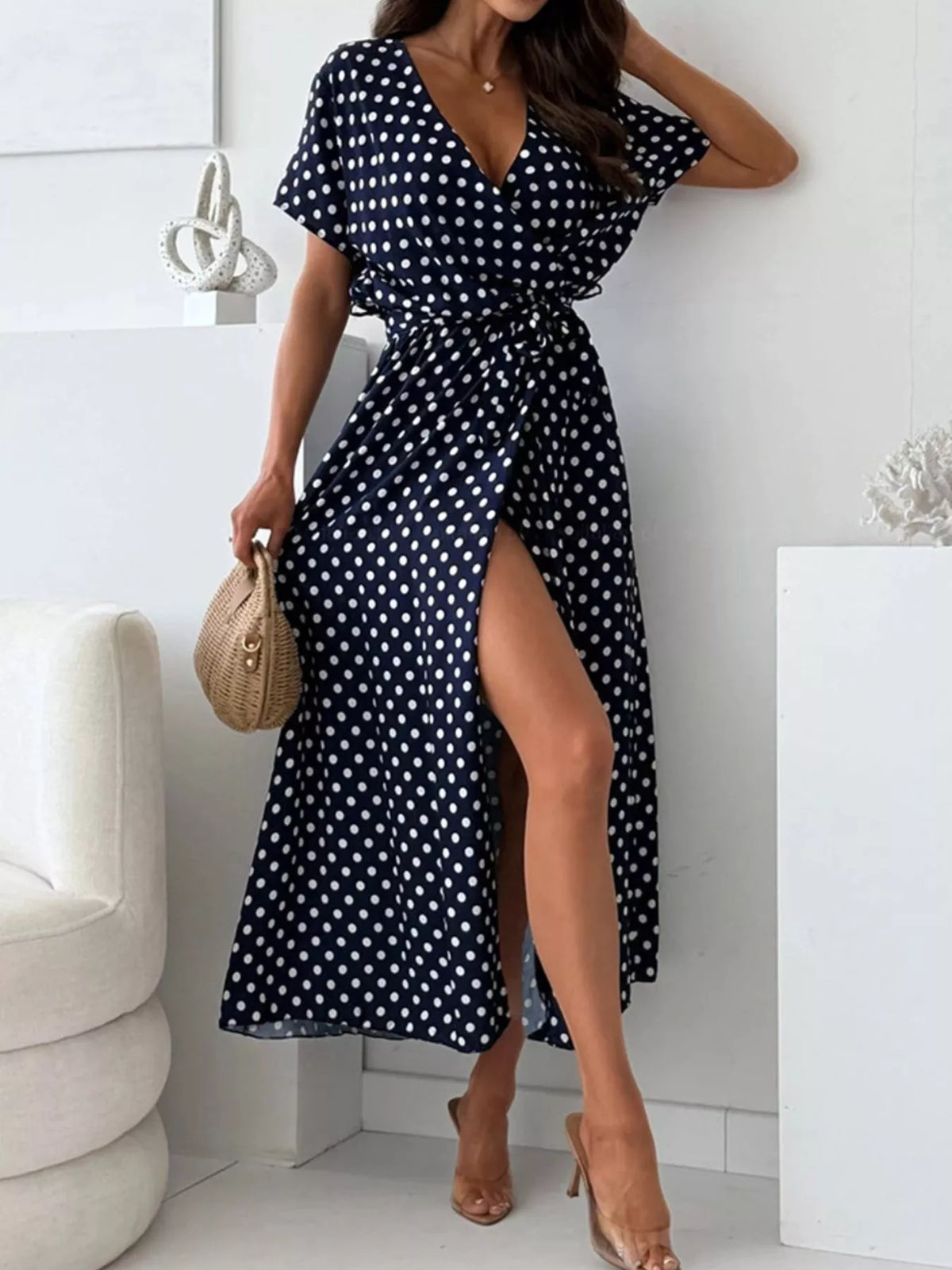 Polka-Dot Surplice Maxi Dress