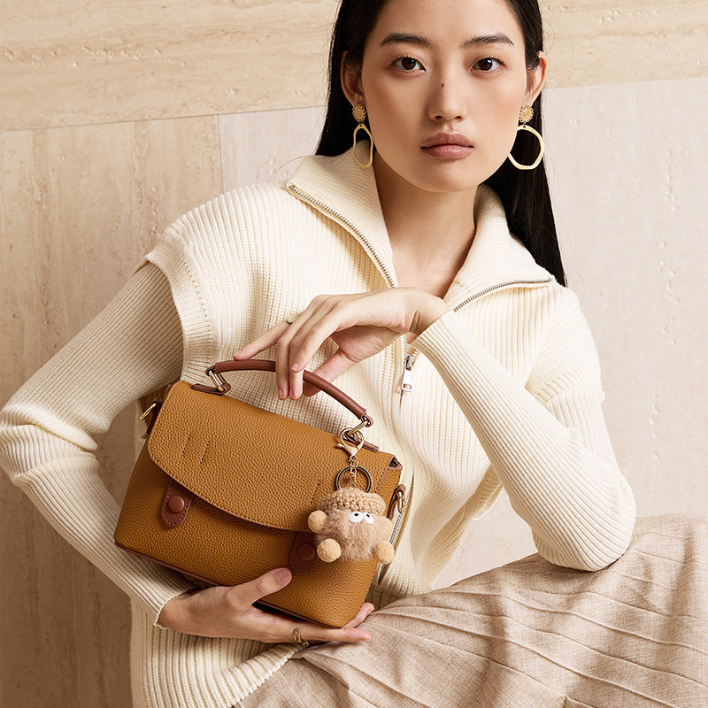 Women's Genuine Leather Cambridge Bag | Full-Grain Cowhide Shoulder Bag | Coffee Brown & Off-White