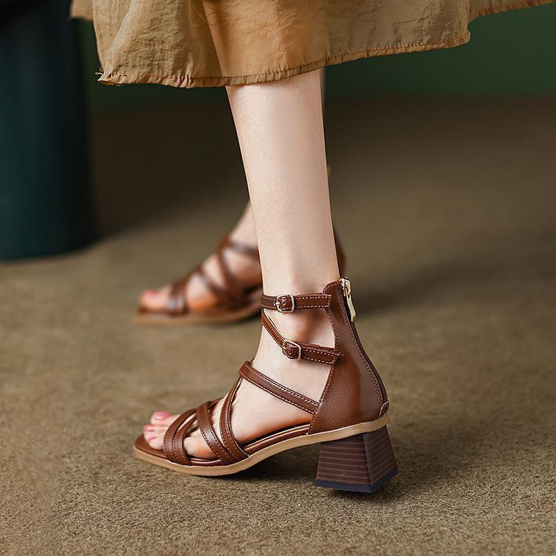 Women's Brown Strappy Stiletto Heels – Vintage Roman Square Toe Sandals with Back Zipper