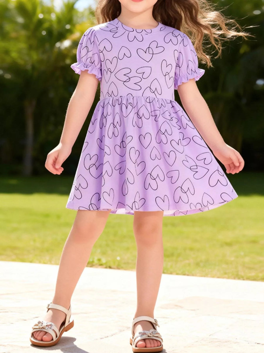 Girls' Heart-Print Ruffle-Sleeve Dress – Lavender