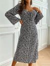 Black printed tie-front flare-sleeve midi dress