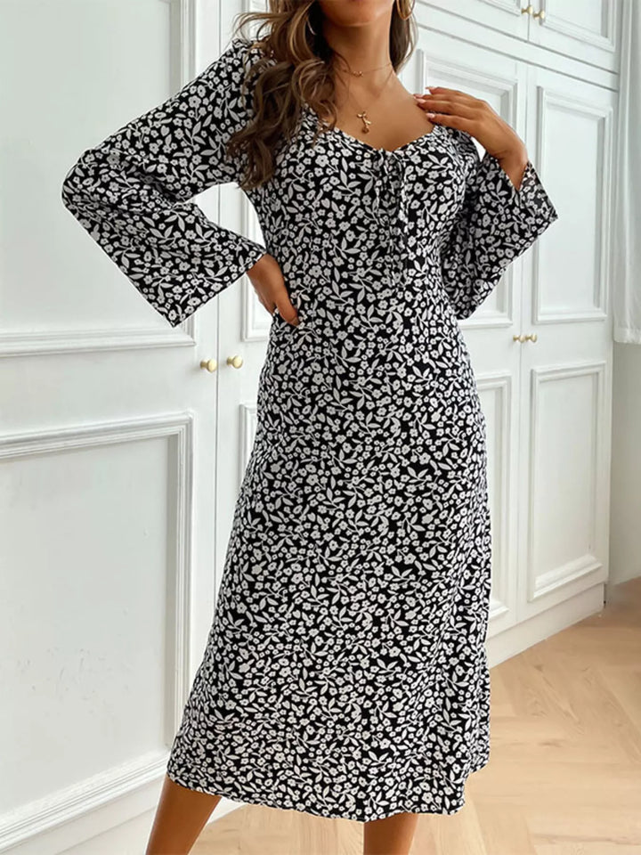 Black printed tie-front flare-sleeve midi dress