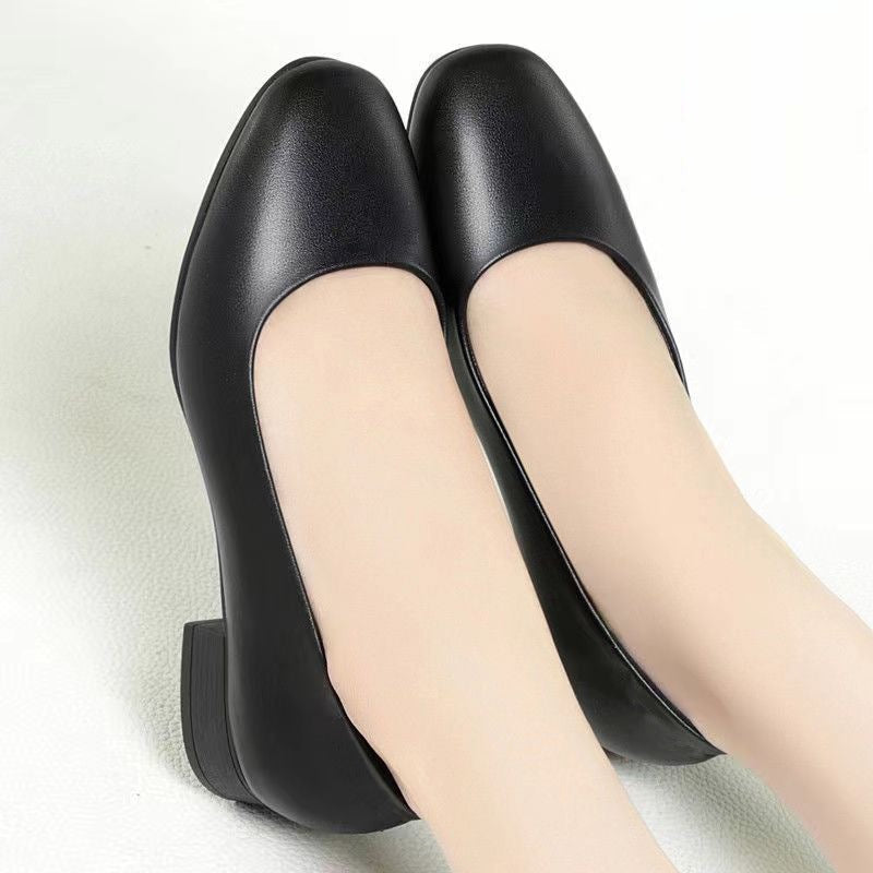 Women's Black Square Toe Chunky Low Heel Work Shoes – Microfiber Upper, Rubber Sole, Sizes 35–40