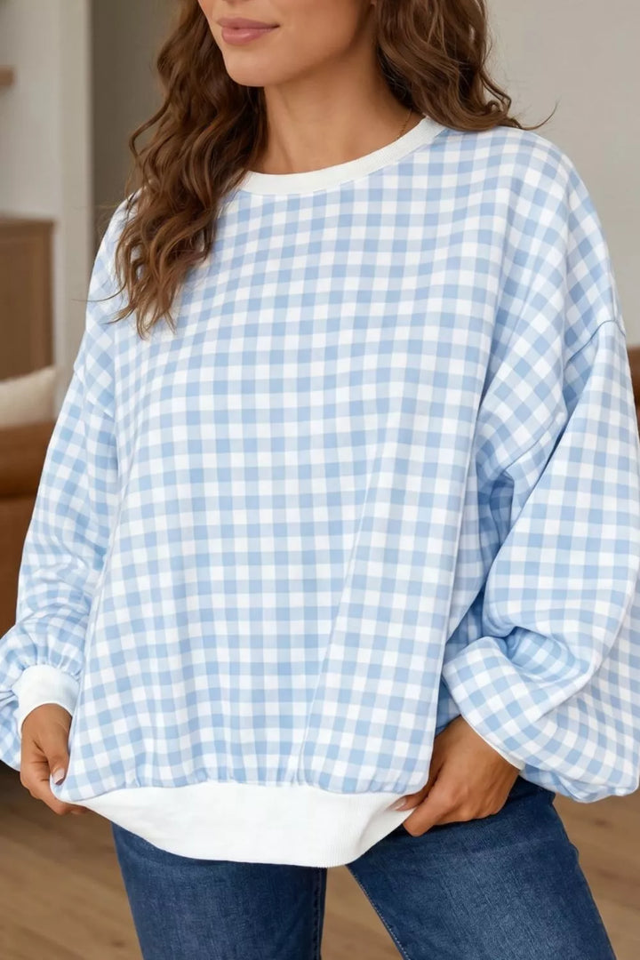 Women's light blue plaid drop-shoulder sweatshirt