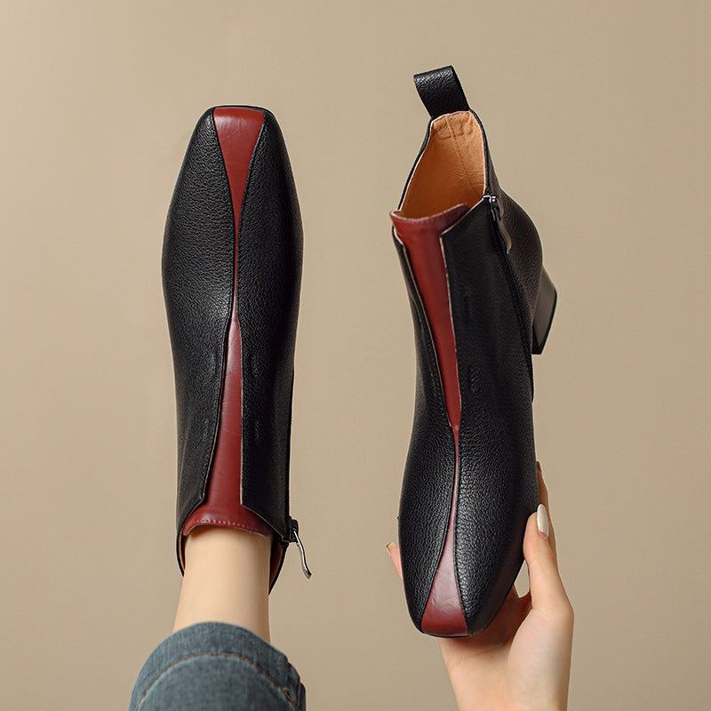 Women's Retro Square-Toe Sheepskin Ankle Boots | Chunky Heel Side-Zip