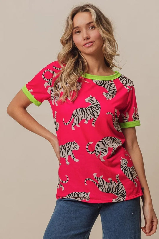 Another view: BiBi Big Tiger Print Jersey Contrast Ringer Top