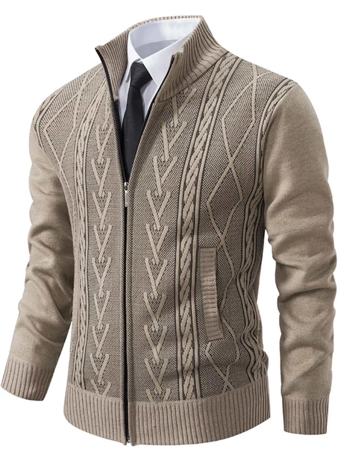 Men's Plus Size Stand-Collar Cable-Knit Zip Cardigan