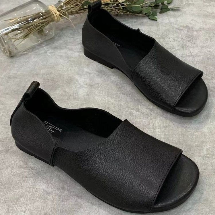 Women's Retro Handmade Soft Leather Open-Toe Sandals | Slip-On Fish-Mouth Shoes with Soft Sole