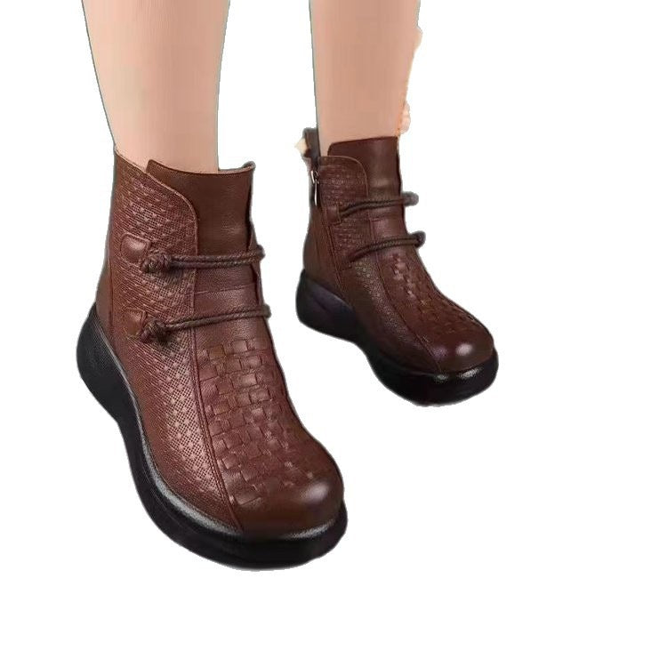 Women's Fleece-Lined Mid-Calf Wedge Boots - Round Toe Side Zipper Winter Boots