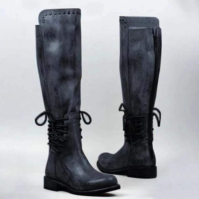 Women's Lace-Up Leather Boots | Round Toe Chunky Heel High Shaft | Black & Brown