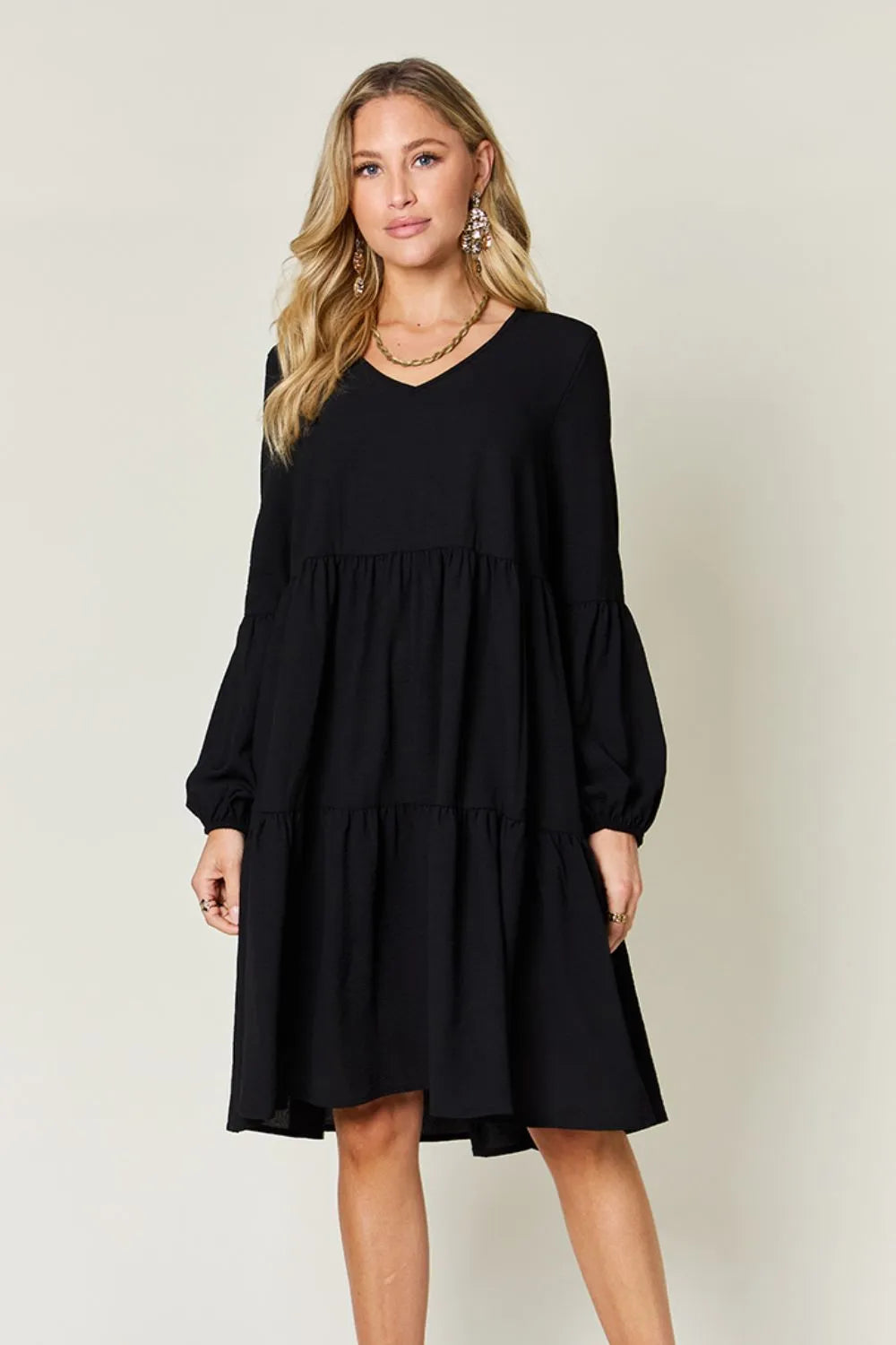V-Neck Balloon-Sleeve Tiered Dress — Full Size
