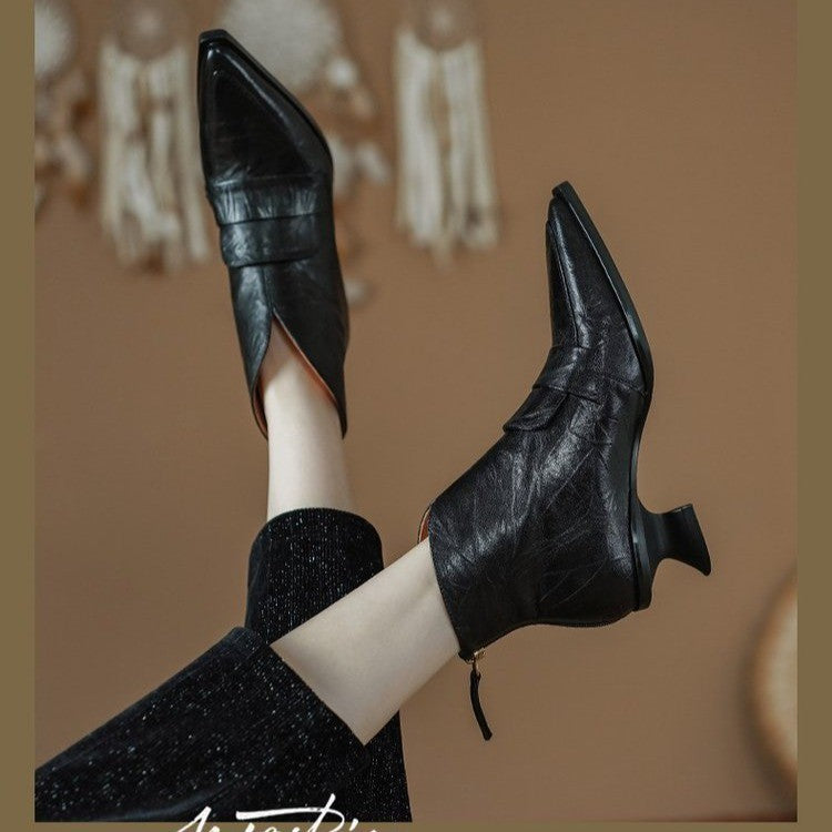 Women's French-Style Vintage Pointed-Toe Mid-Heel Ankle Boots | Back Zip | PU Leather