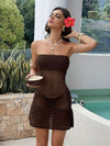 Brown crochet-knit strapless swim cover-up mini dress