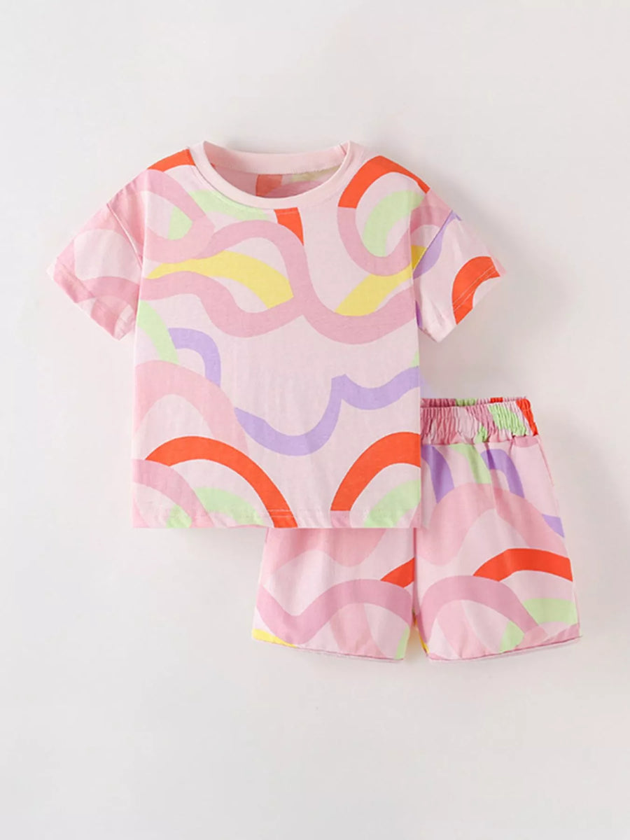 Girls’ Colorful Wave-Print Tee & Shorts Set — Blush Pink