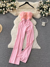 Feather-trim strapless belted wide-leg jumpsuit