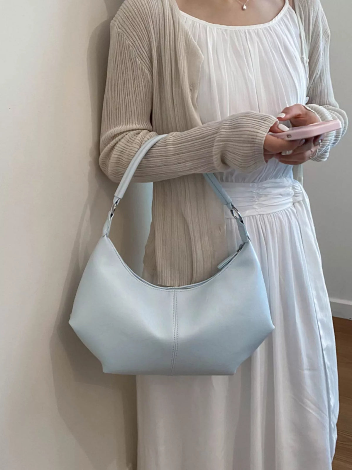 Blue Adjustable-Strap PU Leather Crossbody Bag
