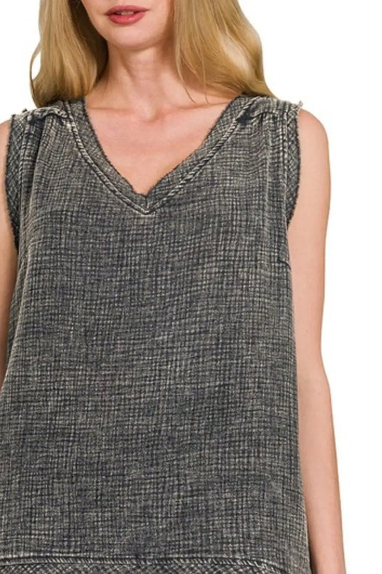Another view: Double Gauze Raw Edge Acid Washed Tank — ASH BLACK