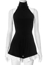 Black contrast-ruffle halter romper