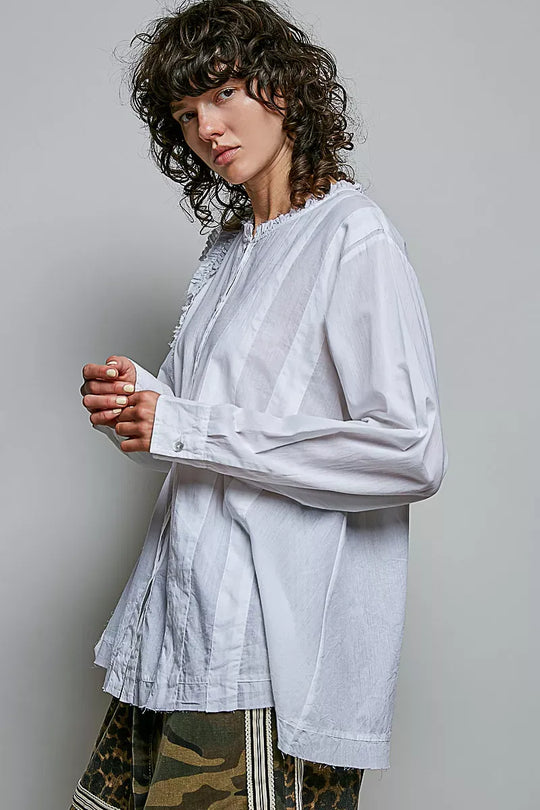 Another view: POL Lightweight Ruffle Trim Round Neck Woven Shirt