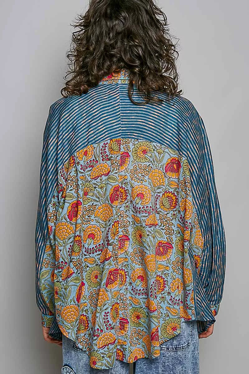 POL Mixed-Print Patchwork Long-Sleeve Shirt