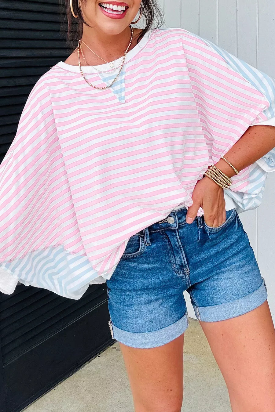 Striped Patchwork Dolman T-Shirt — Blush Pink