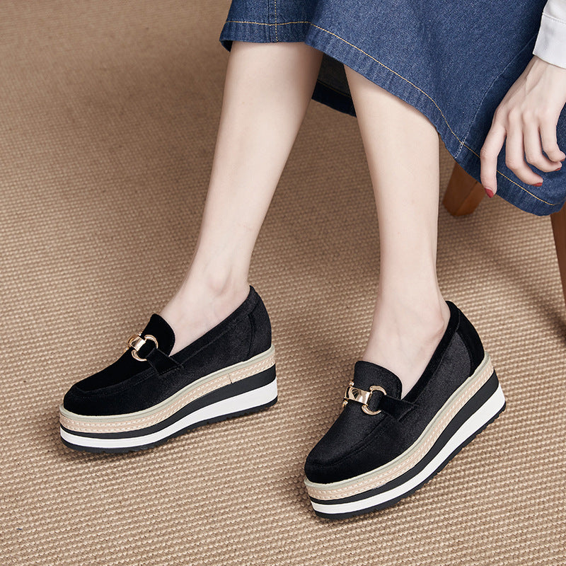 Metal Buckle Striped Wedge Slip-On Shoes