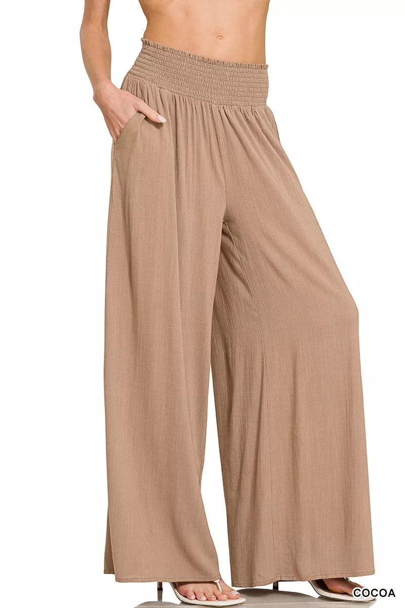 Smocked-Waist Wide-Leg Lounge Pants