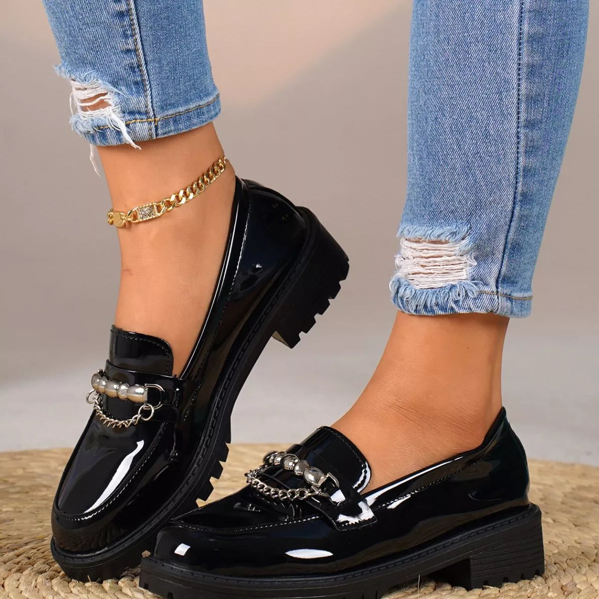 Women's Chain Embellished Round Toe Loafers – Mid Heel, PU Leather, Slip-On