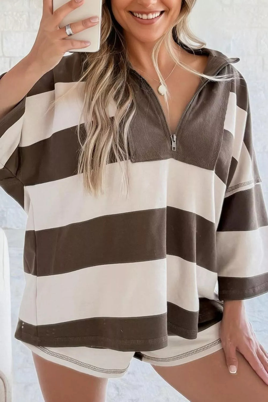 Striped Color-Block Zip-Collar Sweatshirt — Coffee Brown