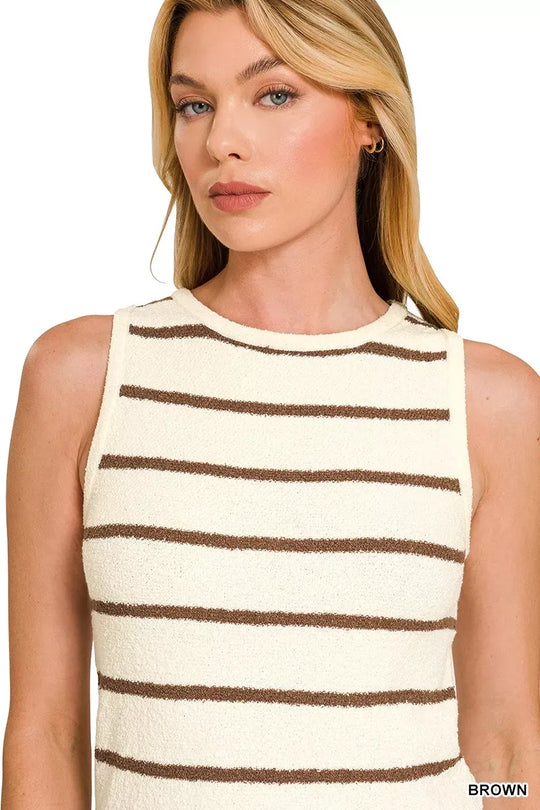 Another view: Round Neck Stripe Knit Tank Top — Brown