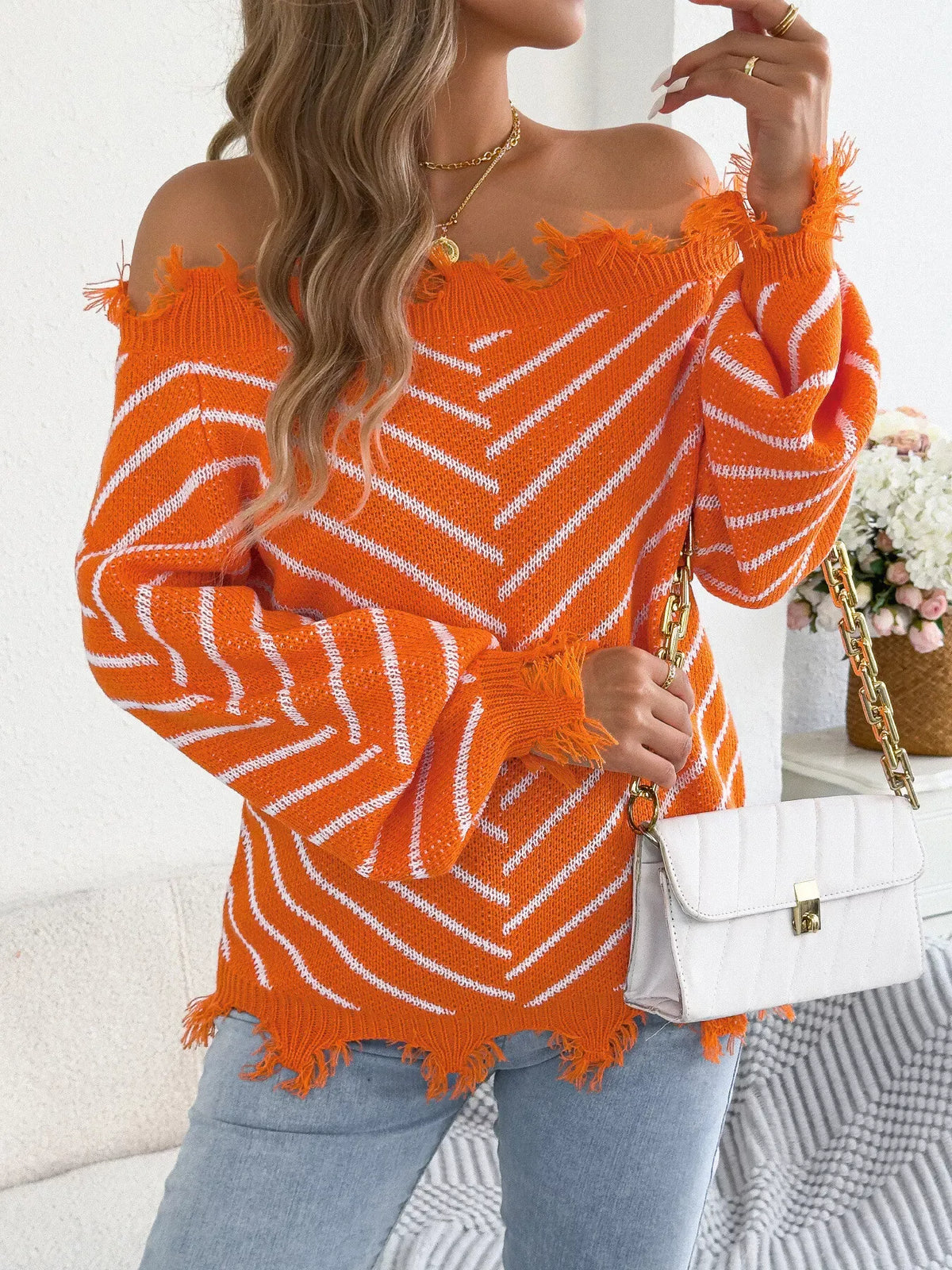 Women's Distressed Off-Shoulder Striped Sweater — photo 13