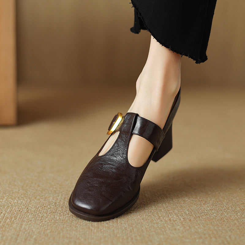 Mary Jane Pumps Women Retro Square Toe Chunky Heel Leather Shoes