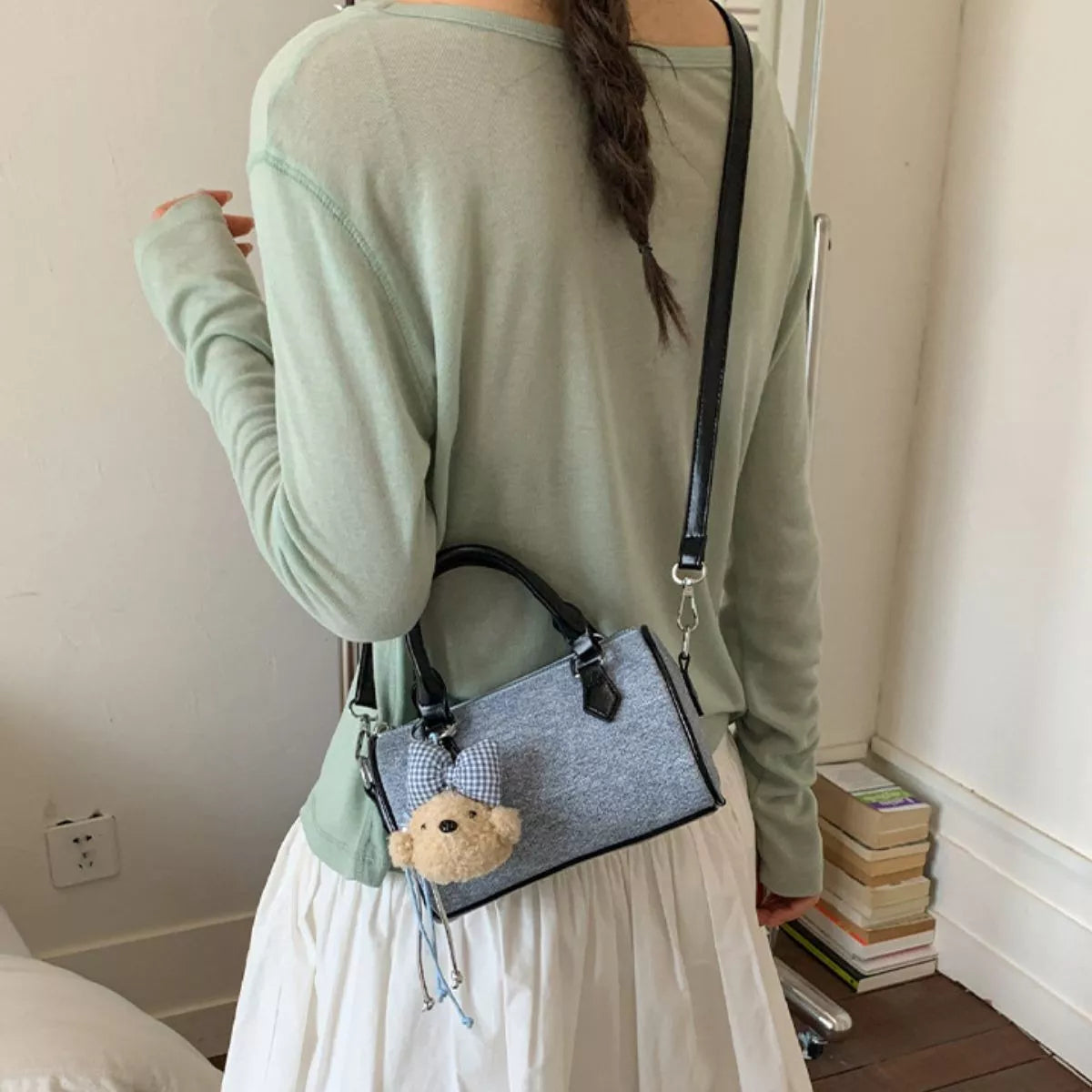 Pastel Blue Denim Barrel Crossbody Bag