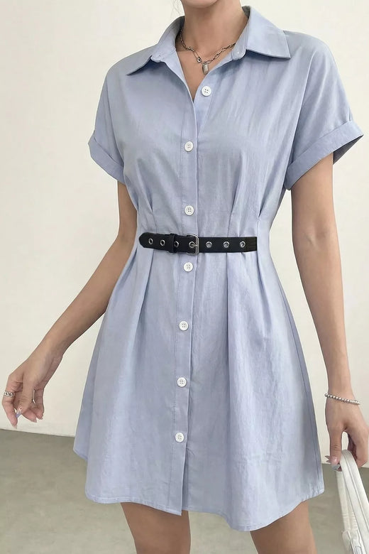 Light blue button-up short-sleeve shirt dress