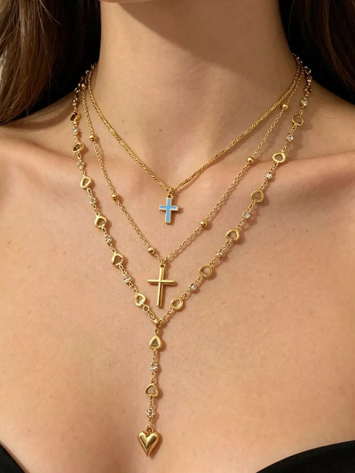 Layered Cross & Heart Pendant Necklace