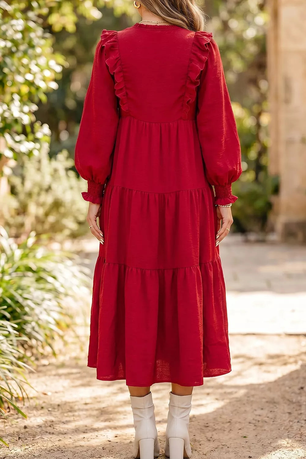 Burgundy Ruffle-Trim Tiered Midi Dress