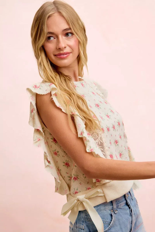 Another view: BiBi Flower Printed Ruffle Sleeve Trim Detail Top