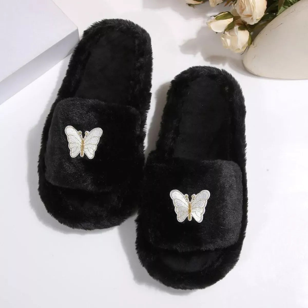 Butterfly Open-Toe Faux Fur Slippers — photo 2