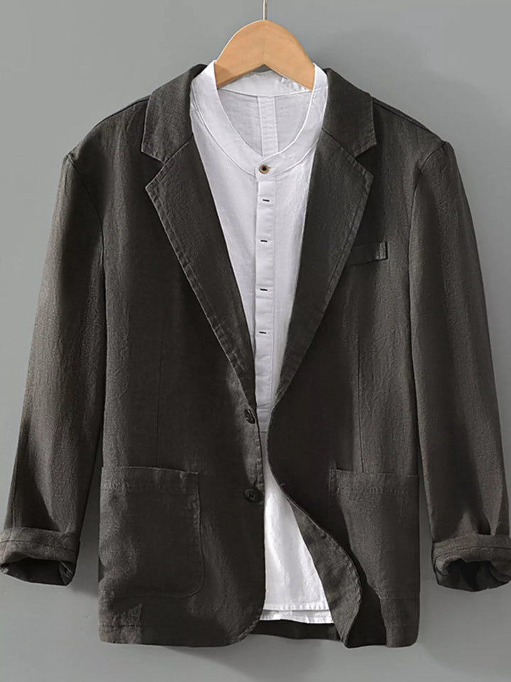 Men’s grey cotton lapel blazer.