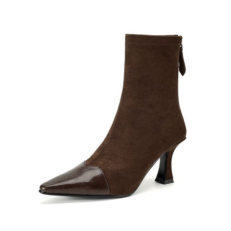 Women's Retro Pointed-Toe Patchwork Slim Mid-Calf Boots | Sheepskin Upper | Black & Brown