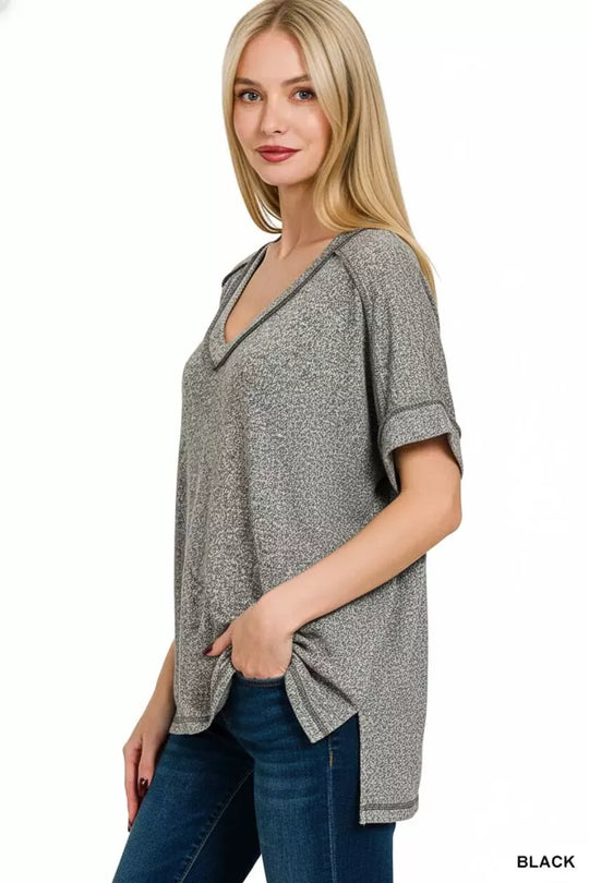 Another view: Curve Soft Melange Hacci V-Neck Short Sleeve High-Low Tee