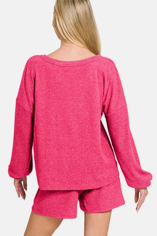 Another view: V-Neck Long Sleeve Ribbed Top and Shorts Set — Strawberry