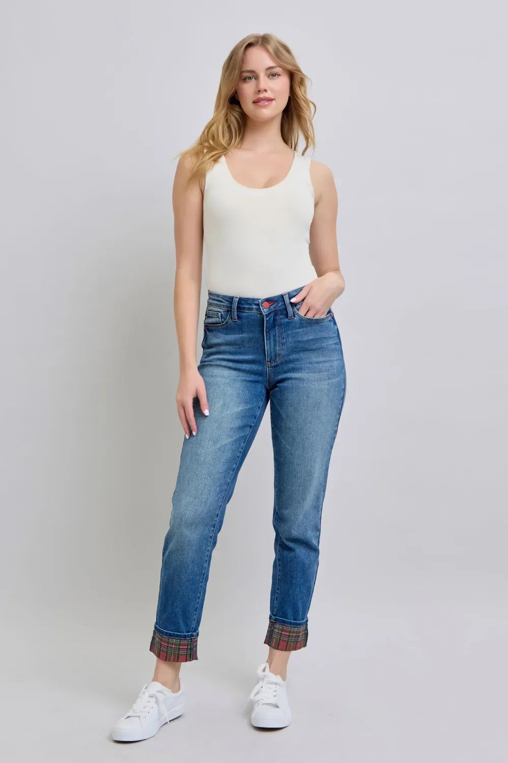 Judy Blue Camden Plaid Print Cuff Straight-Leg Jeans with Pockets — photo 5