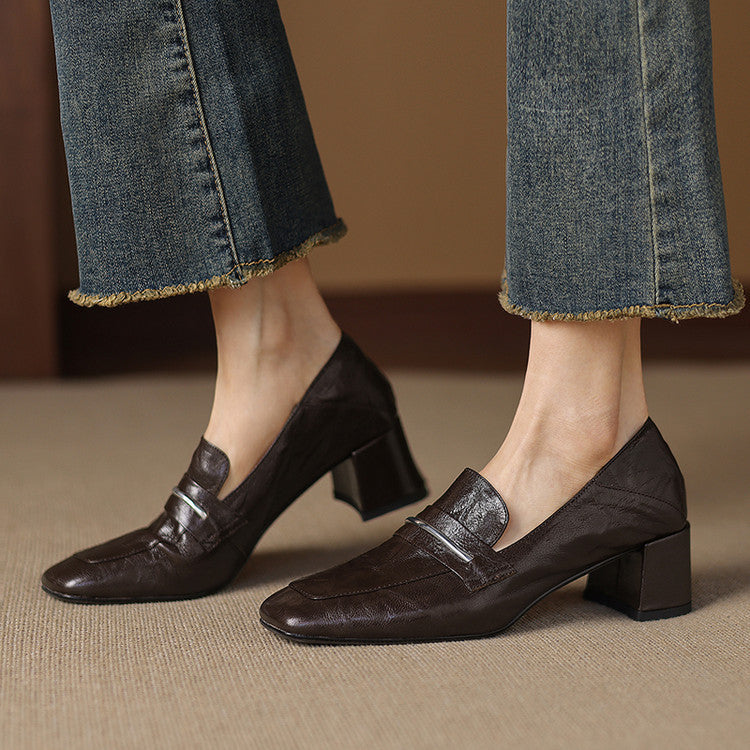 Women's Square-Toe Chunky Heel Sheepskin Leather Pumps - Mid Heel Slip-On Dress Shoes