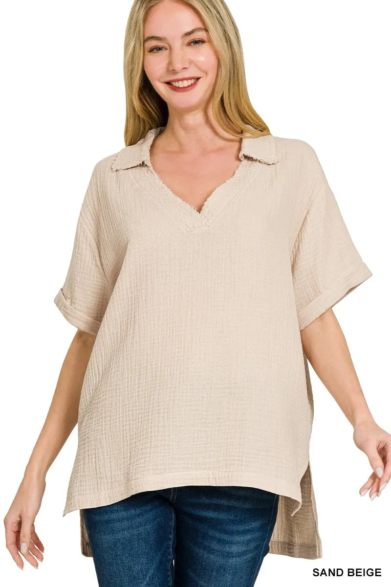 Double Gauze Short Sleeve High-Low Top — Sand Beige