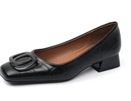 Womens Retro Square-Toe Sheepskin Leather Chunky Heel Pumps | Low Heel Slip-On Dress Shoes
